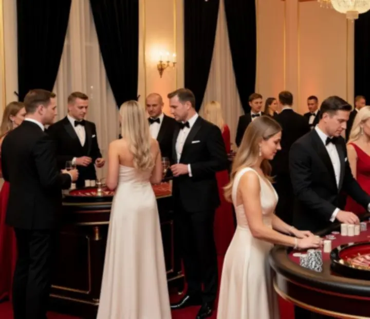 Gala w stylu black tie ze stołami rozrywkowymi i elegancką obsługą