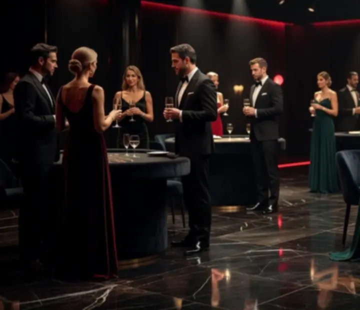 Ciemna, elegancka gala wieczorowa z mobilnymi stołami rozrywkowymi